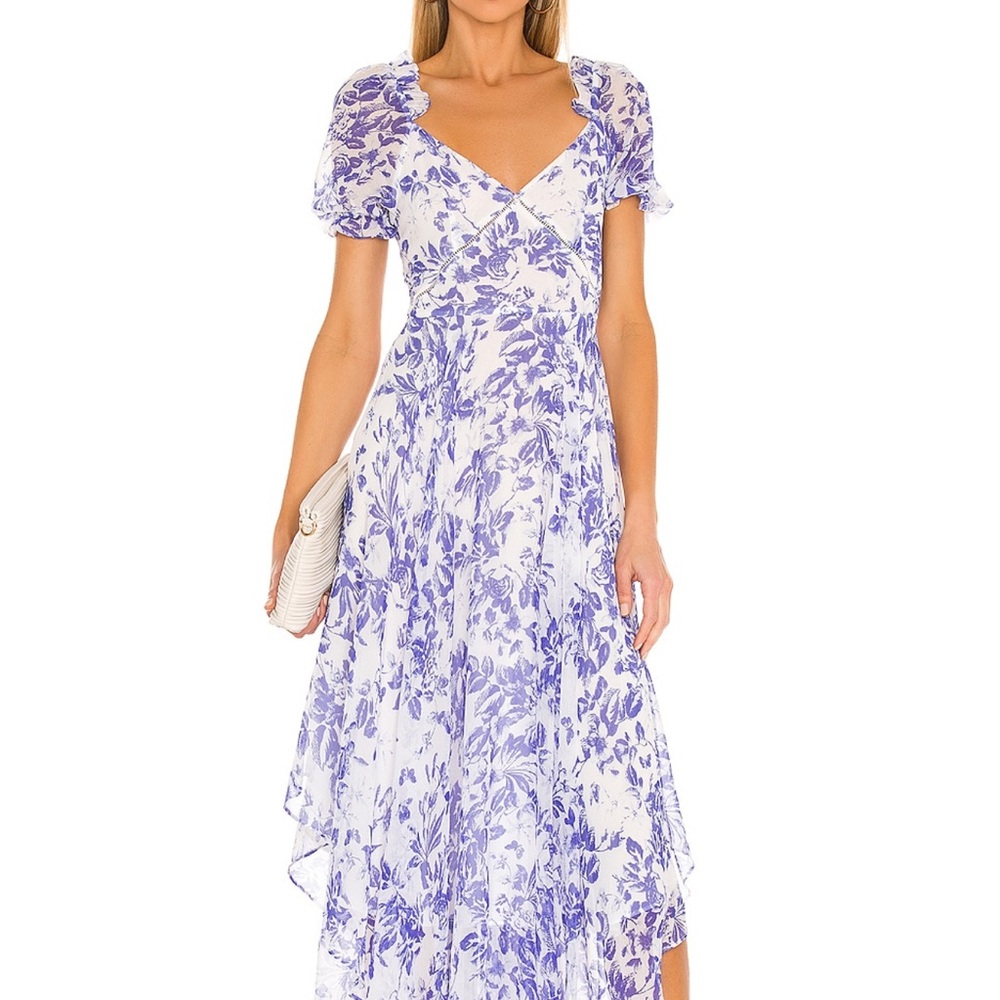 Blue and White Maxi Sundress with Ruffled Tiered Skirt and Puff Sleeves